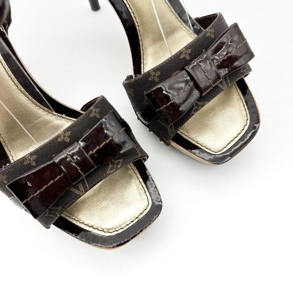 LOUIS VUITTON Idylle Monogram Platform Pumps Size 38 Peep Toe Patent Bow Brown - Picture 7 of 16